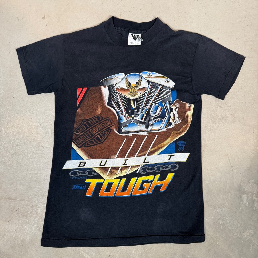 Vintage 1990 Harley Davidson Built Tough T-Shirt Single Stitch Black Small SSI